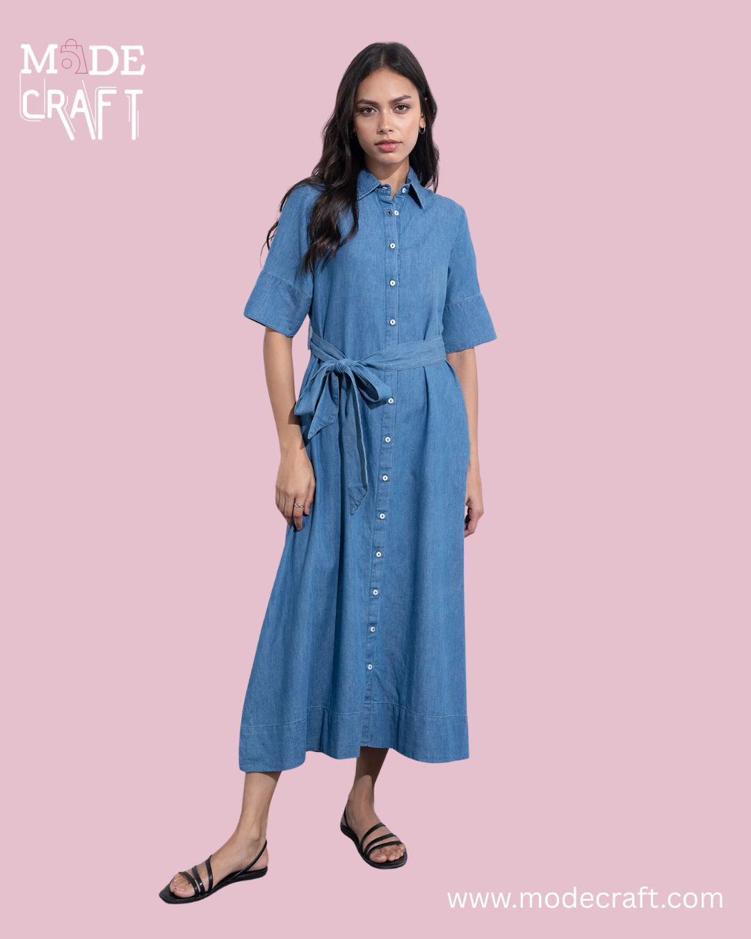 Denim Blue Button-Down Midi Dress with Waist Tie
