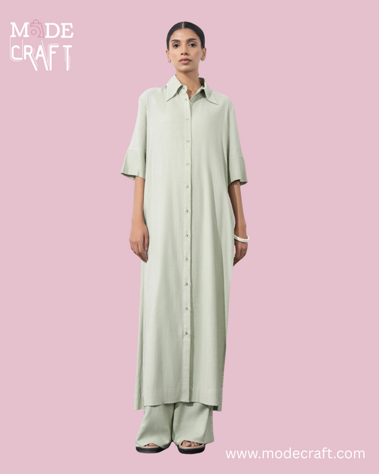 Long Button-Down Co-ord Set – Soft Sage Green